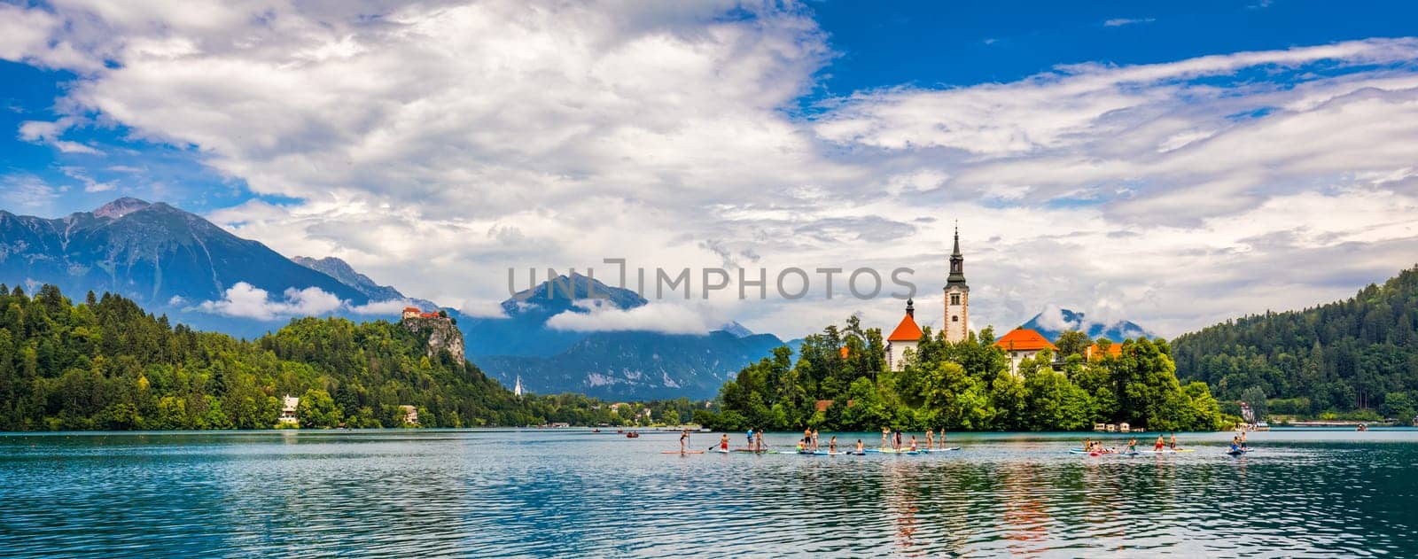 Lake Bled in Slovenia. Beautiful mountains and Bled lake with small Pilgrimage Church. Bled lake and island with Pilgrimage Church of the Assumption of Maria. Bled, Slovenia, Europe.