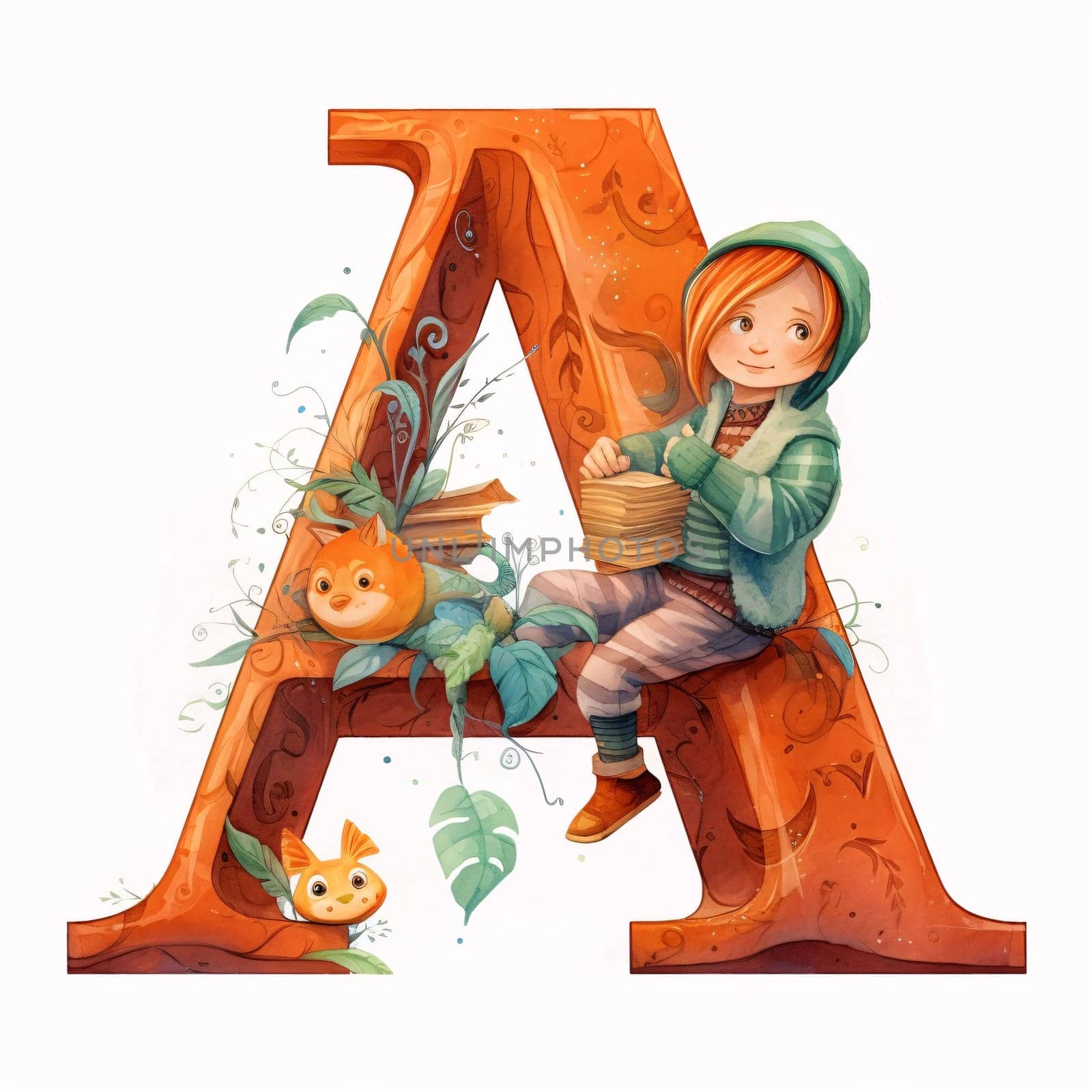 Graphic alphabet letters: Font design for uppercase letter A with girl and cat illustration