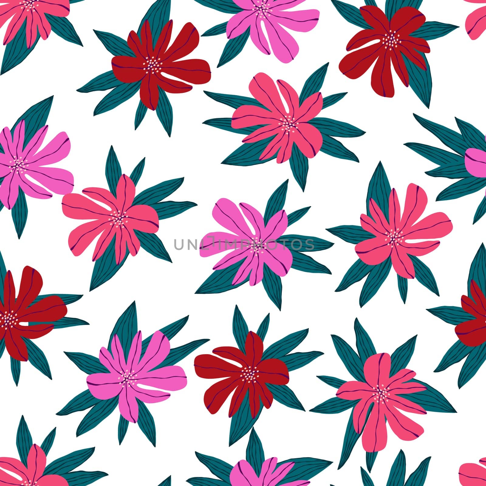 A floral pattern is drawn with pink and red flowers and green leaves by Dustick