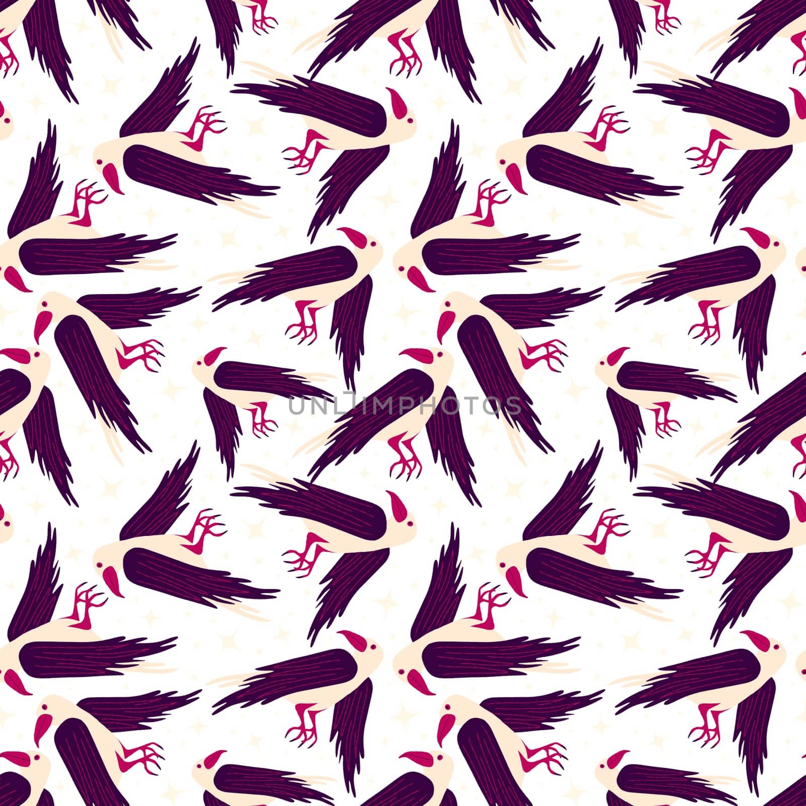 Pink cartoon Halloween seamless pattern with raven and flowers
