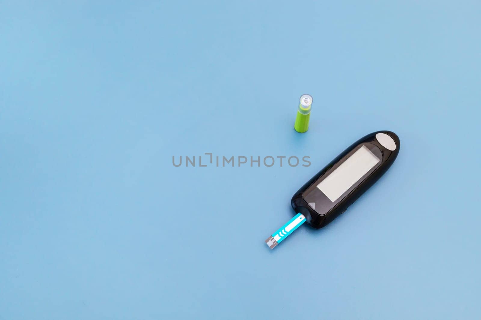 Mockup Blood Glucose, Sugar Test Monitor Kit, Glucometer Strip, Lancet. Copy Space For Text. Blur Background, Horizontal Design. Flatly. Quick Health Test Results. Diabetes.