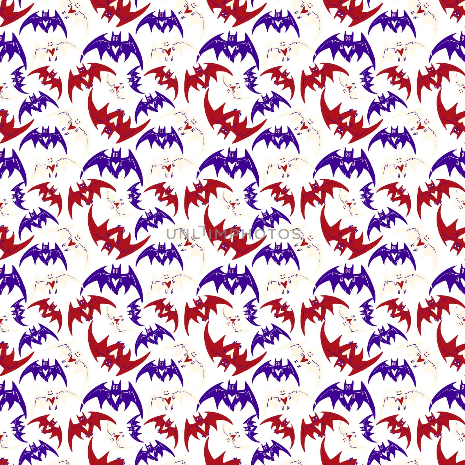 Purple funny magic pattern with bats . mystical pattern with Halloween bats in a trendy cartoon style