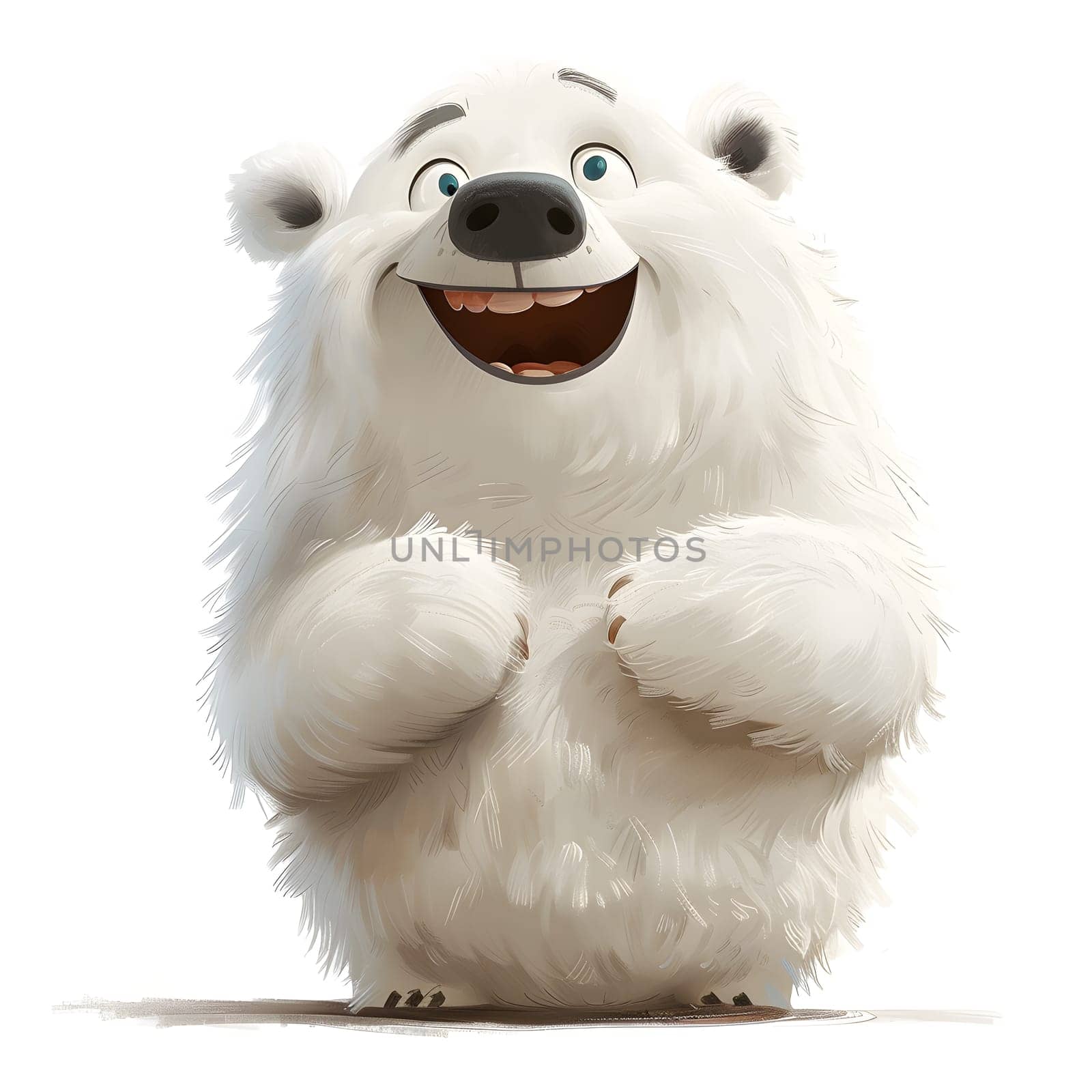 A happy polar bear plush toy, with fur and snout, standing on its hind legs. This terrestrial animal figure looks cute and cuddly
