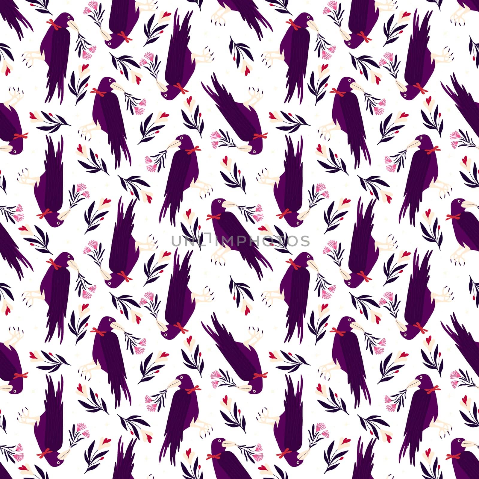 Purple cartoon Halloween seamless pattern with raven and flowers