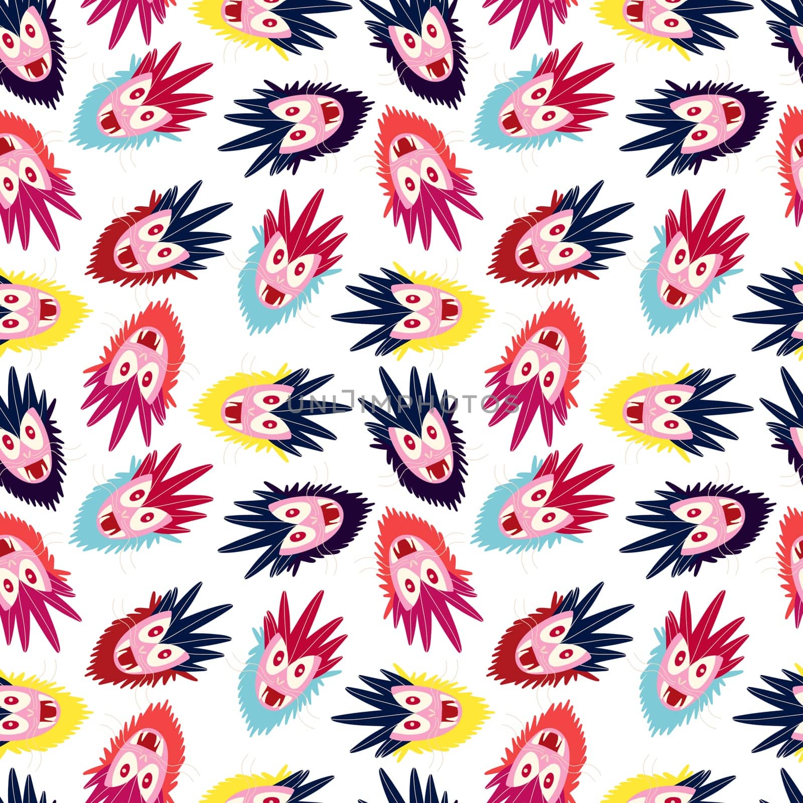 A blue and yellow pattern of cartoon faces with red eyes and mouths by Dustick