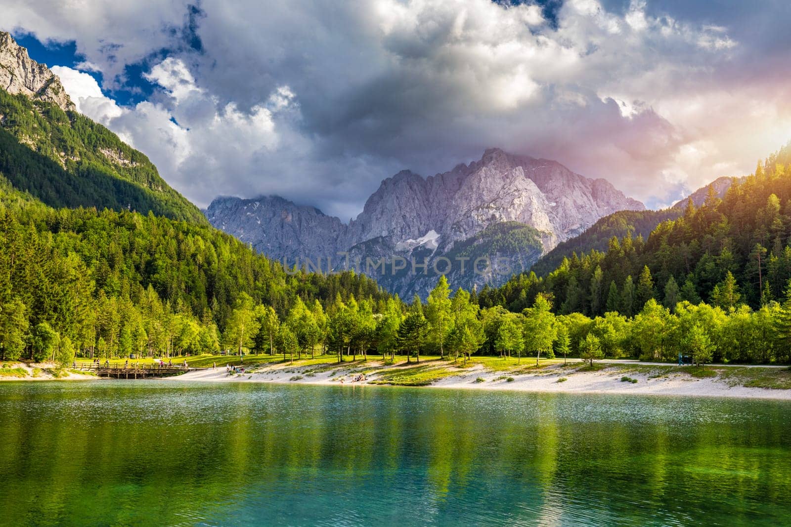 Great nature scenery in Slovenian Alps. Incredible summer landscape on Jasna lake. Triglav national park. Kranjska Gora, Slovenia. Mountain lake Jasna in Krajsnka Gora, Slovenia. 