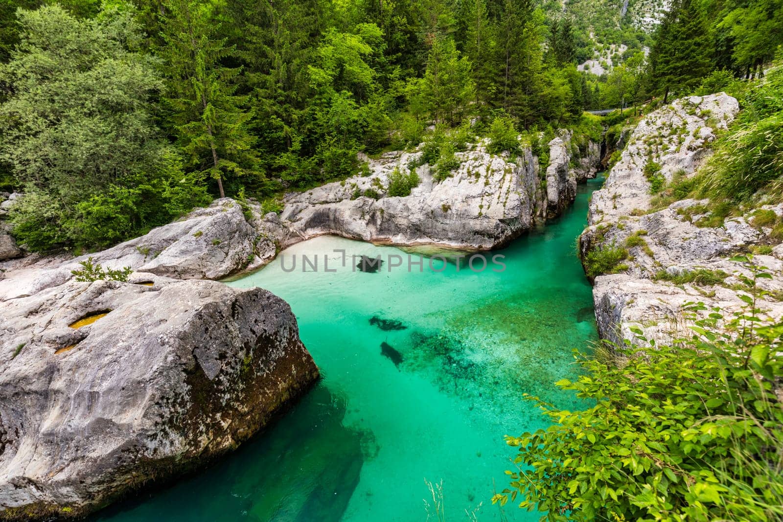 Amazing Soca river gorge in Slovenian Alps. Great Soca Gorge (Velika korita Soce), Triglav National park, Slovenia. Great canyon of Soca river, Bovec, Slovenia. Soca Gorge in Triglav National Park.