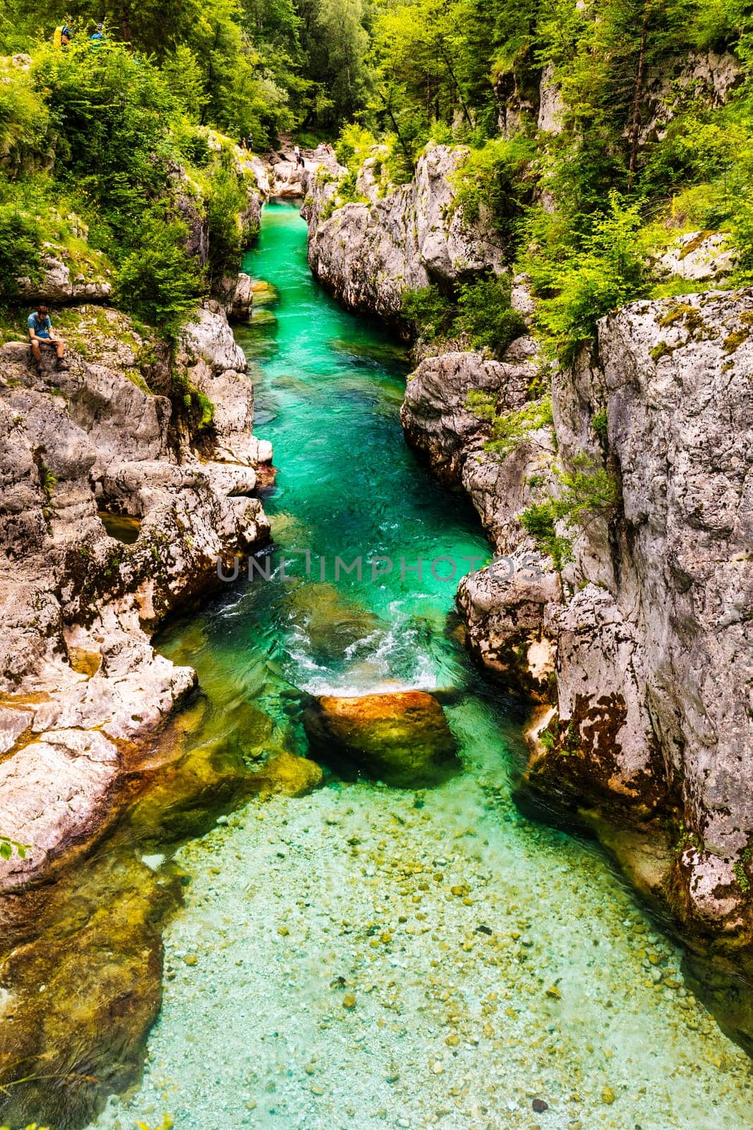 Amazing Soca river gorge in Slovenian Alps. Great Soca Gorge (Velika korita Soce), Triglav National park, Slovenia. Great canyon of Soca river, Bovec, Slovenia. Soca Gorge in Triglav National Park.