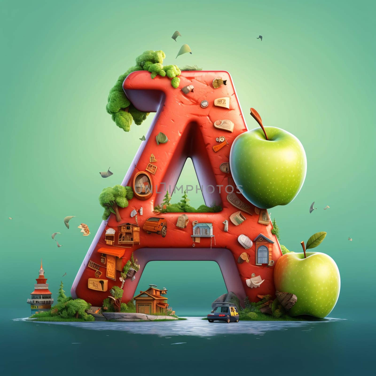 Graphic alphabet letters: Alphabet letter A with green trees and houses. 3D rendering