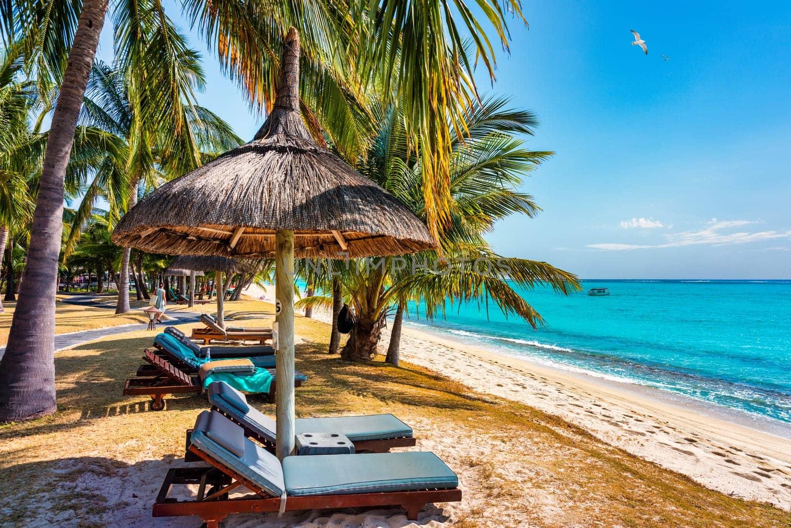 A beach with palm trees and umbrellas on Le morne Brabant beach in Mauriutius. Tropical crystal ocean with Le Morne beach and luxury beach in Mauritius. Le Morne beach with palm trees, white sand and luxury resorts, Mauritius.