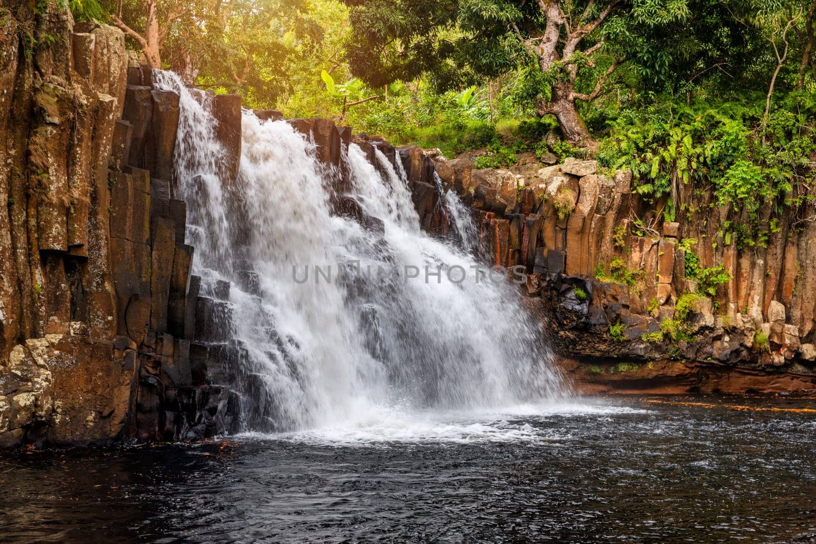 Rochester falls on the island of Mauritius. Waterfall in the jungle of the tropical island of Mauritius. Hidden treasure Rochester falls in Mauritius Island. Rochester Falls in Souillac Mauritius.