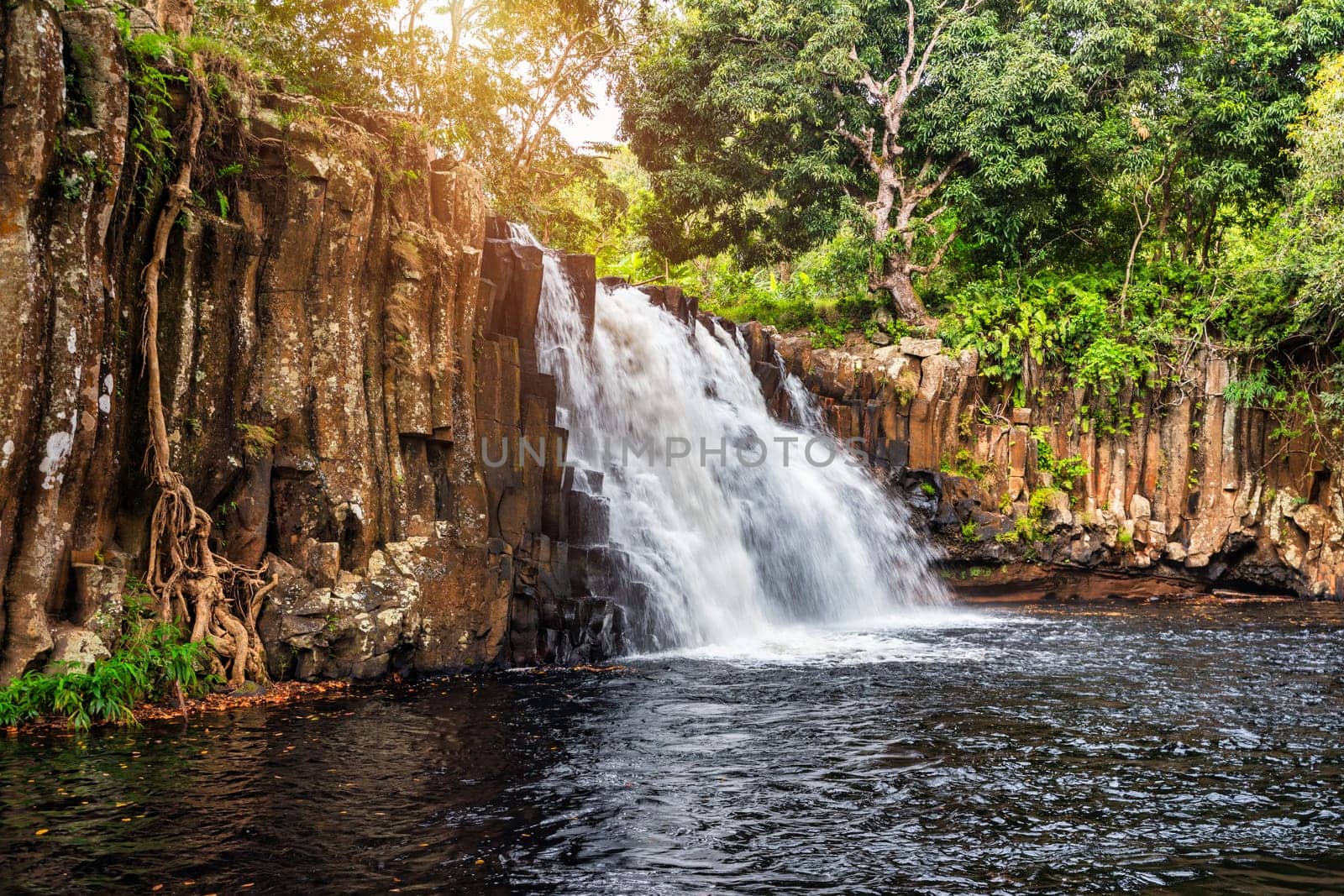 Rochester falls on the island of Mauritius. Waterfall in the jungle of the tropical island of Mauritius. Hidden treasure Rochester falls in Mauritius Island. Rochester Falls in Souillac Mauritius.