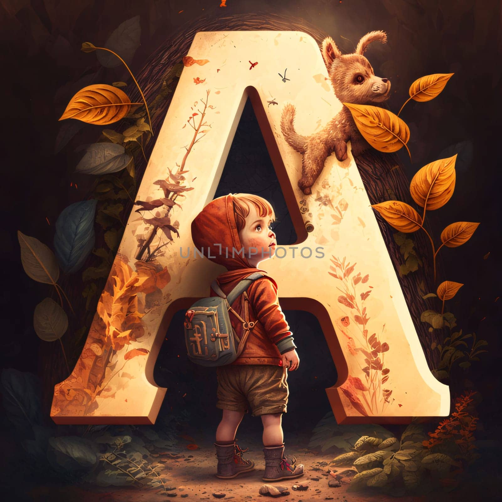 Graphic alphabet letters: Little boy with backpack and teddy bear in the autumn forest. Letter A