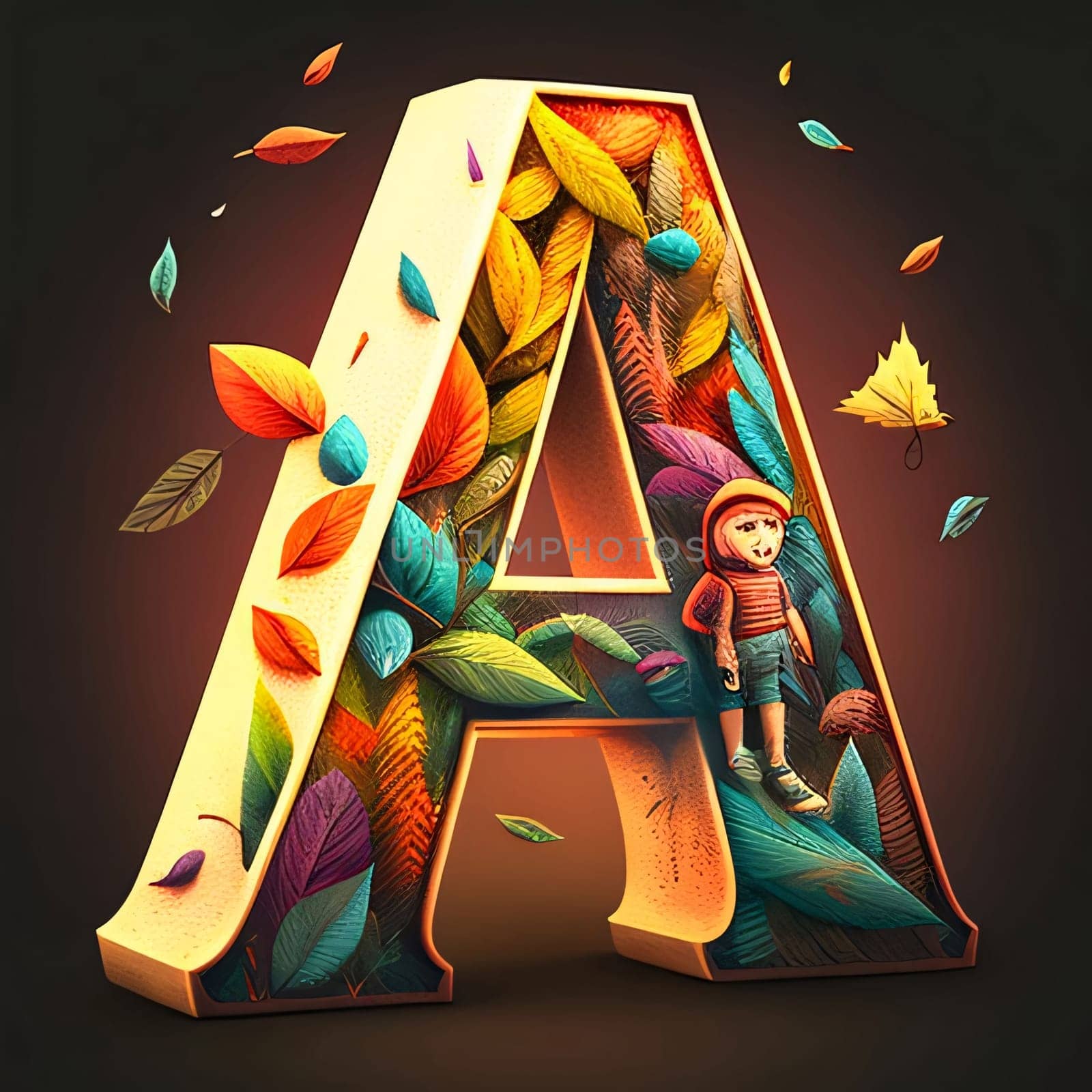 Graphic alphabet letters: Autumn font, letter A with colorful leaves. 3d render