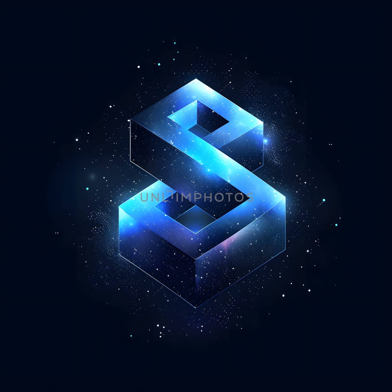 The glowing letter S emits an electric blue hue in the dark, resembling an astronomical object. Its symmetry and visual effect lighting create a captivating logo art piece