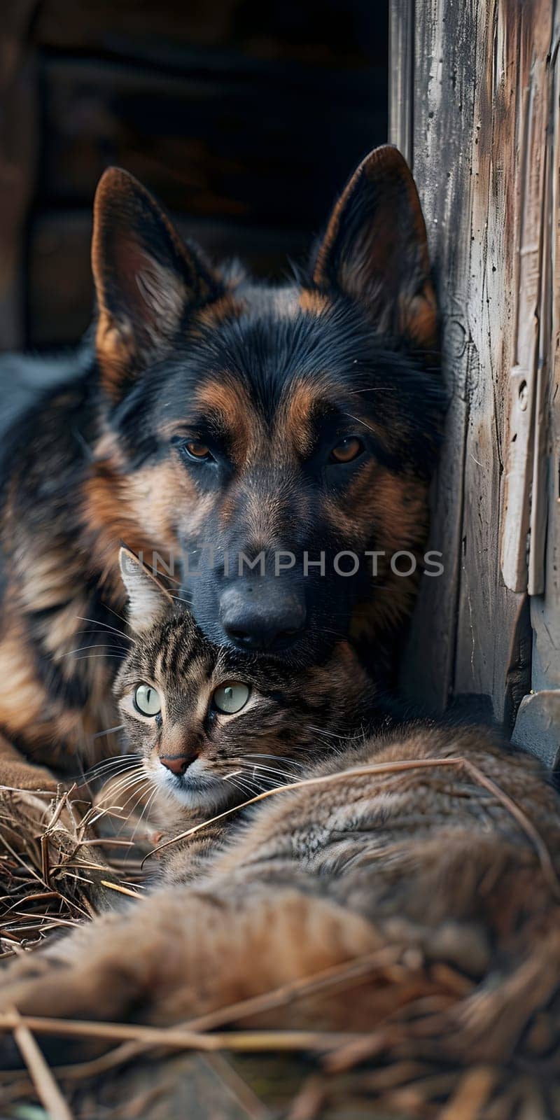 A dog and a cat are peacefully laying next to each other by Nadtochiy