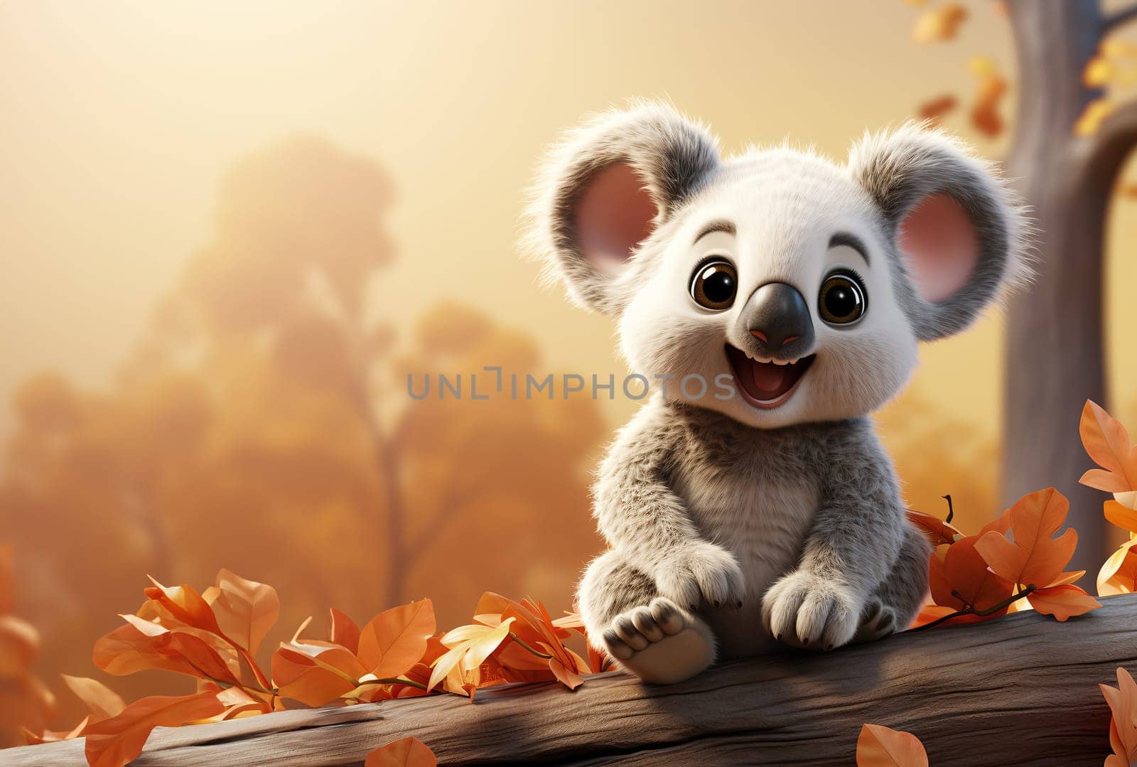 A cheerful animated koala is perched on a tree branch among autumn leaves with a warm sunset casting a glow on the scene - Generative AI