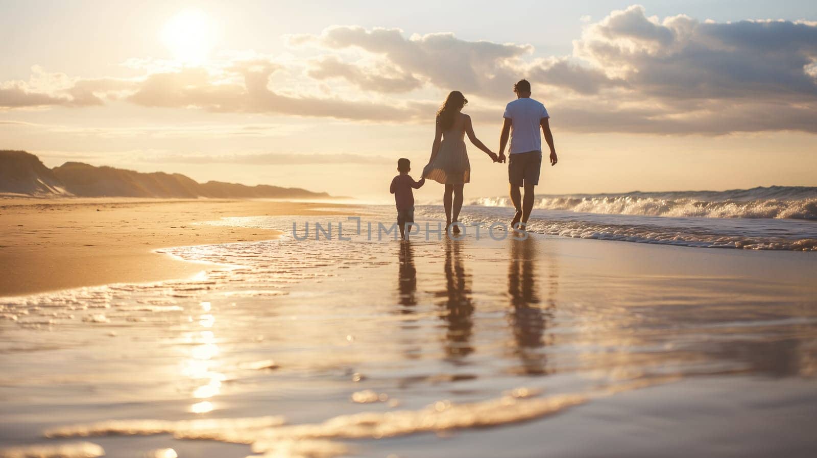 A family of three holds hands while walking on a beach, with the setting sun casting a warm glow and shimmering reflections on the water - Generative AI