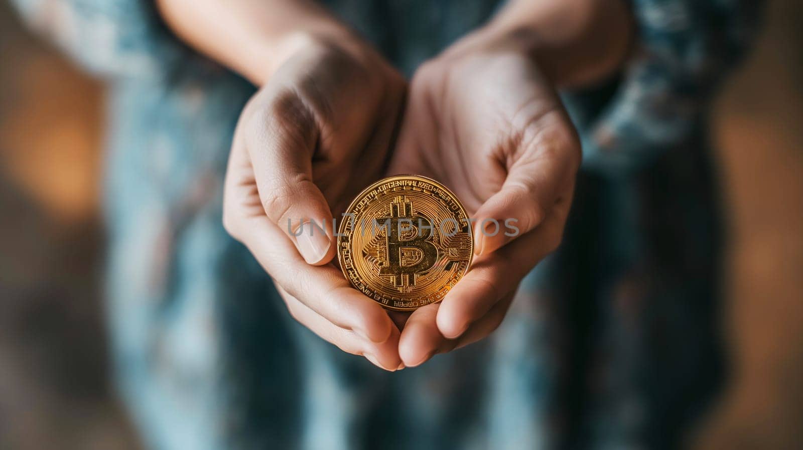 A person stands with open hands gently cradling a shiny Bitcoin token, symbolizing cryptocurrency investment and the digital economy - Generative AI