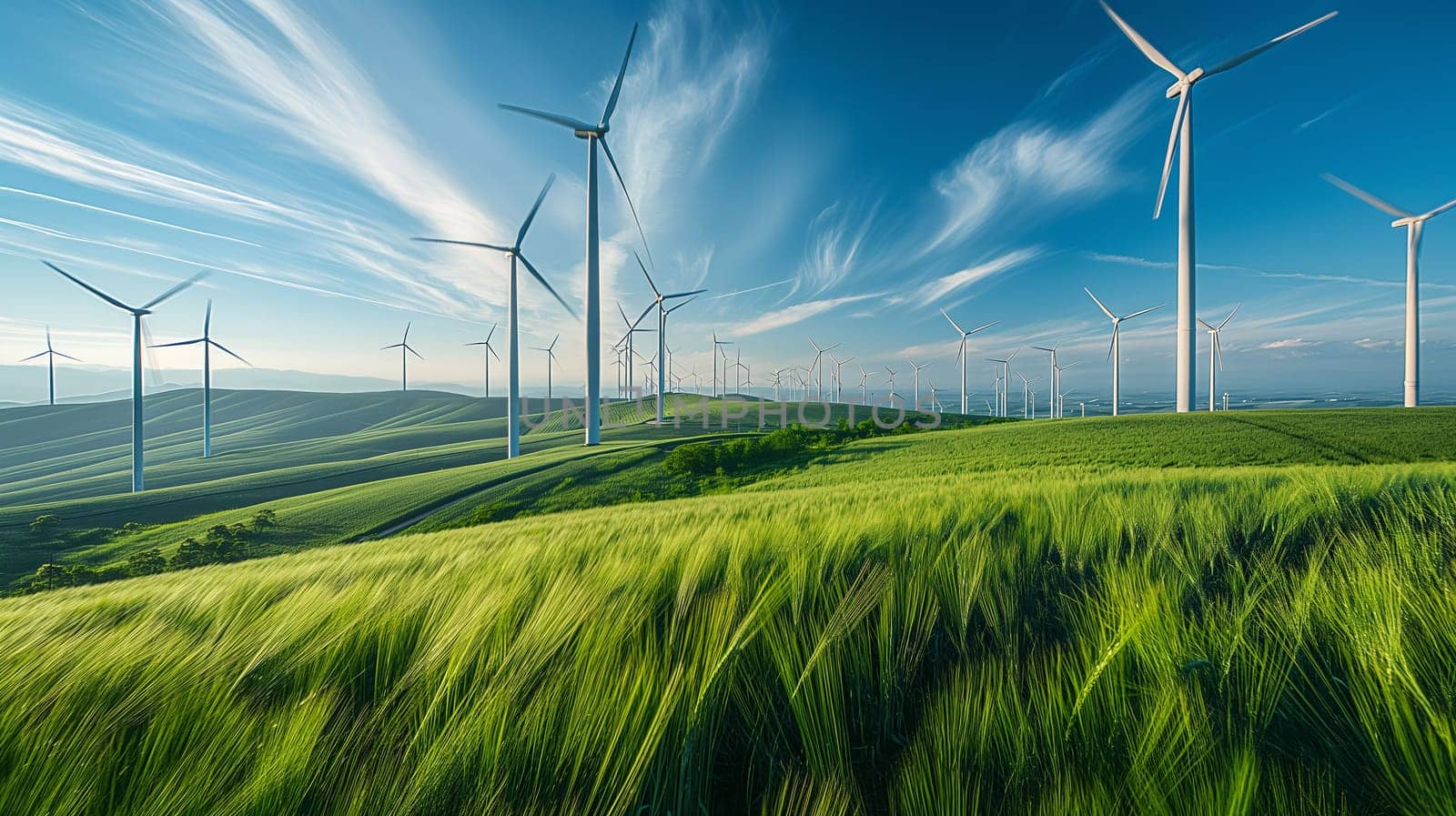 Tall wind turbines tower above a vibrant green field, their blades spinning in the gentle twilight breeze, harmonizing with natures energy - Generative AI