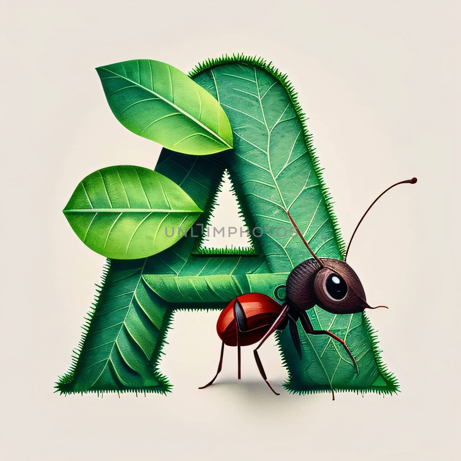 Graphic alphabet letters: letter a with ant and green leaves. 3d render illustration.