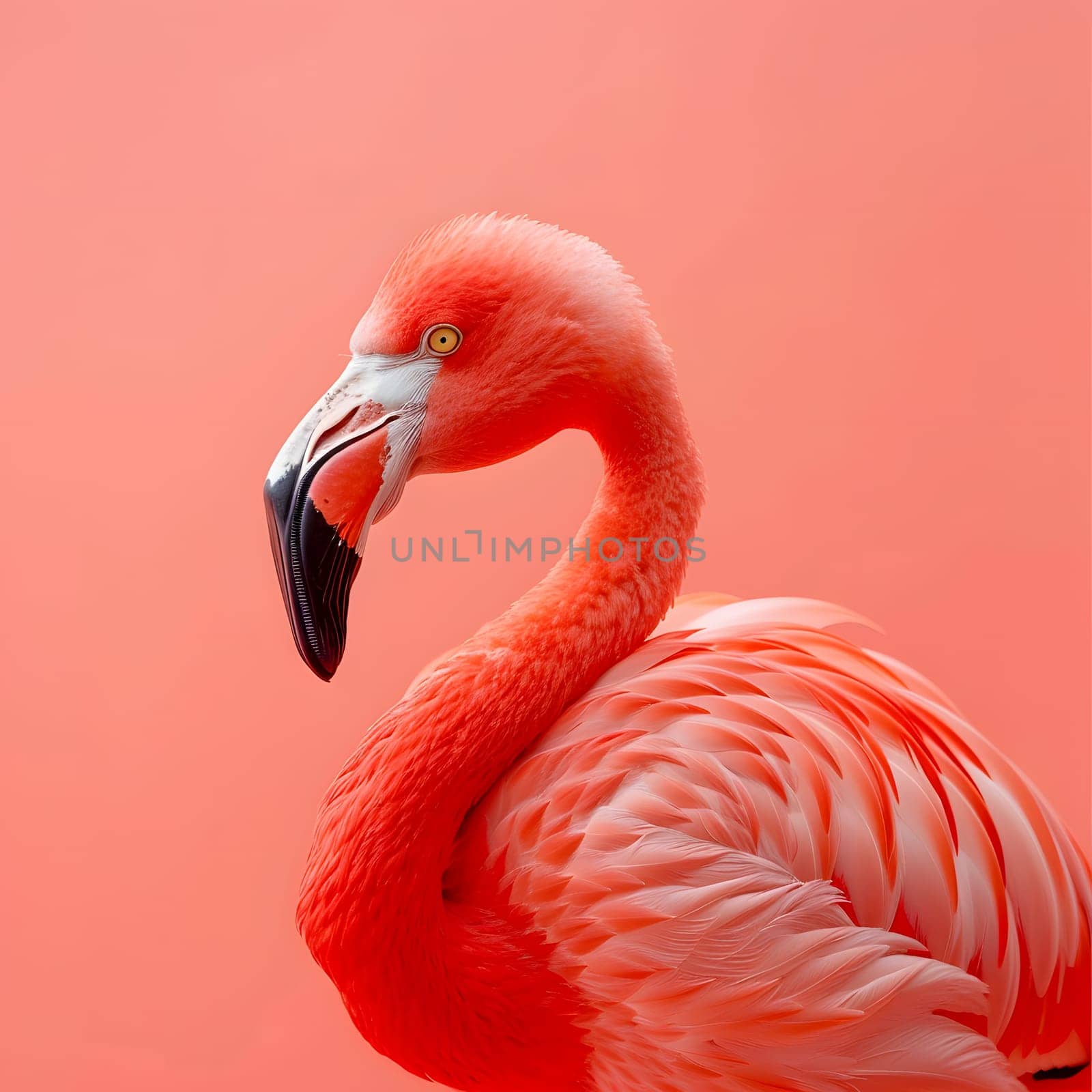 A close up of a Greater flamingo bird with a long neck and beak, showcasing its vibrant pink feathers and striking eye against a pink background