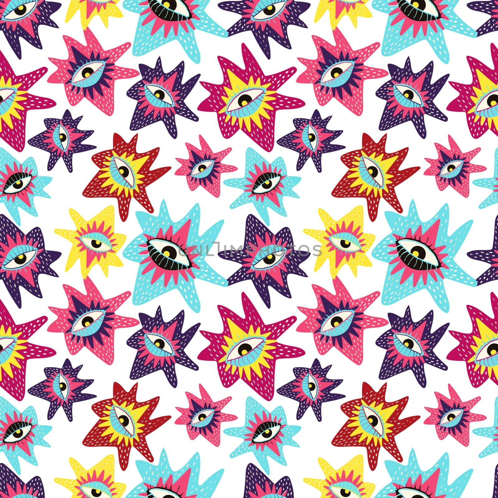 Pink funky cartoon seamless pattern with colorful eyes. Pattern with eyes in disco groovy style