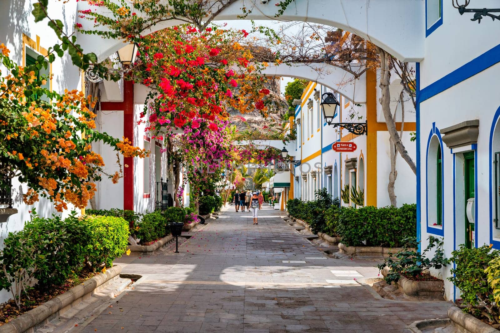 Street with blooming flowers in Puerto de Mogan, Gran Canaria, Spain. Favorite vacation place for tourists and locals on island. Puerto de Mogan with lots of bougainvillea flowers, Canary Island.