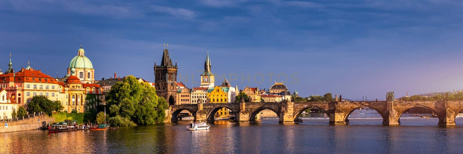 Charles Bridge sunset view of the Old Town pier architecture, Charles Bridge over Vltava river in Prague, Czechia. Old Town of Prague with Charles Bridge, Prague, Czech Republic.