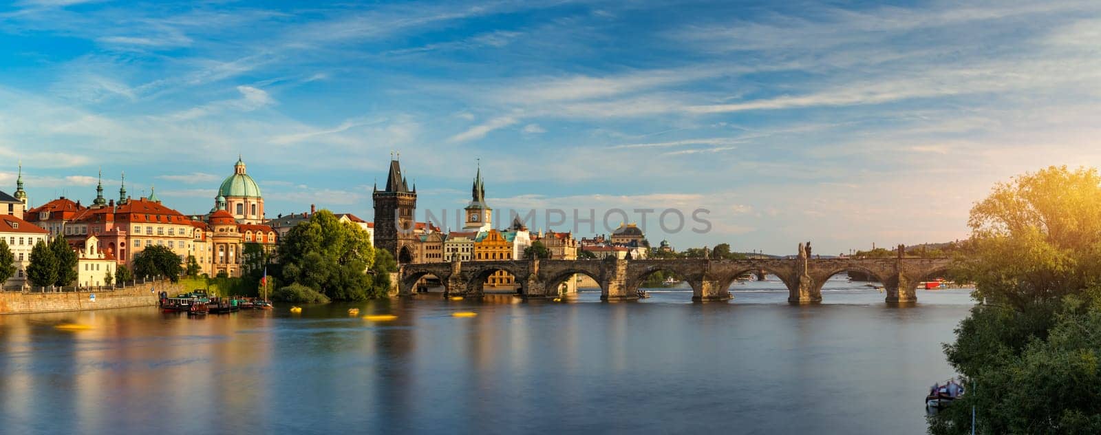 Charles Bridge sunset view of the Old Town pier architecture, Charles Bridge over Vltava river in Prague, Czechia. Old Town of Prague with Charles Bridge, Prague, Czech Republic.