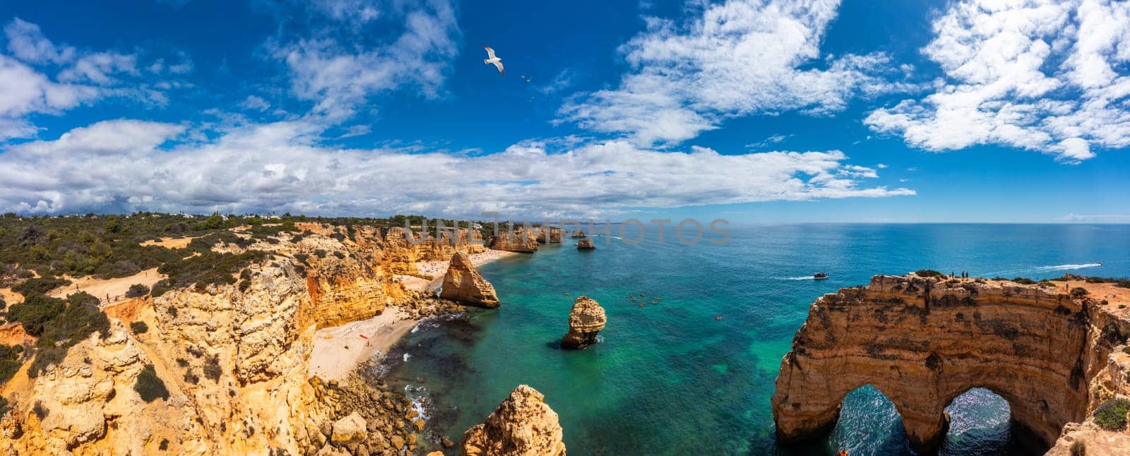 Praia da Marinha, beautiful beach Marinha in Algarve, Portugal. Navy Beach (Praia da Marinha) with flying seagulls over the beach, located on the Atlantic coast in Lagoa Municipality, Algarve.