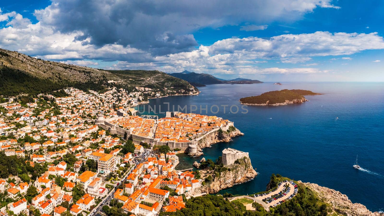 The aerial view of Dubrovnik, a city in southern Croatia fronting the Adriatic Sea, Europe. Old city center of famous town Dubrovnik, Croatia. Dubrovnik historic city of Croatia in Dalmatia. 