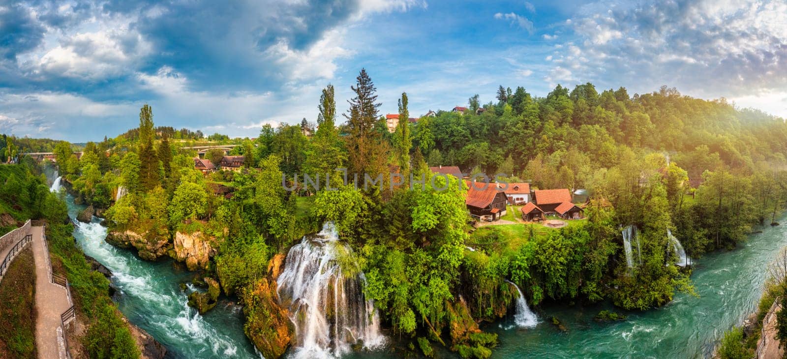 Village of Rastoke near Slunj in Croatia, old water mills on waterfalls of Korana river, beautiful countryside landscape. Landscape with river and little waterfalls in Rastoke village, Croatia.
