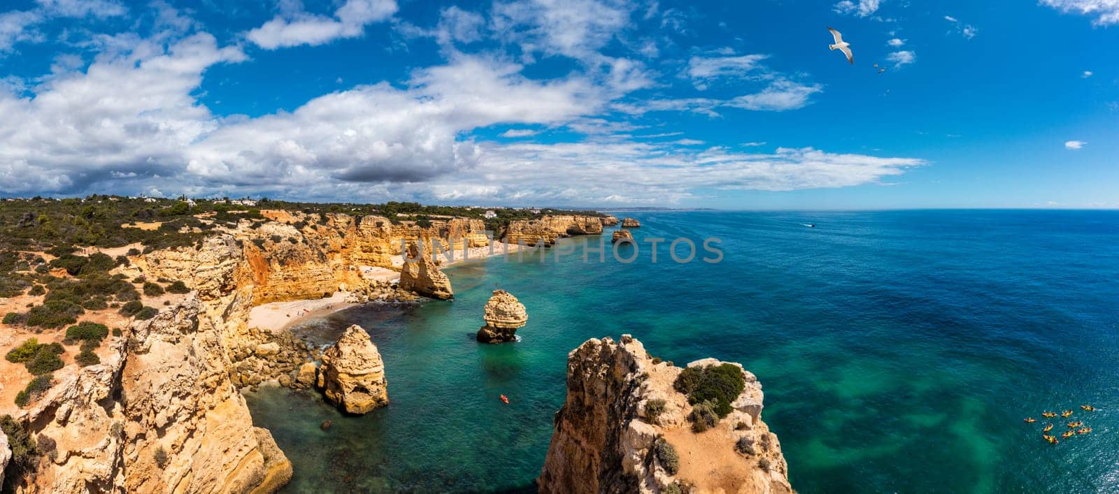 Praia da Marinha, beautiful beach Marinha in Algarve, Portugal. Navy Beach (Praia da Marinha) with flying seagulls over the beach, located on the Atlantic coast in Lagoa Municipality, Algarve.