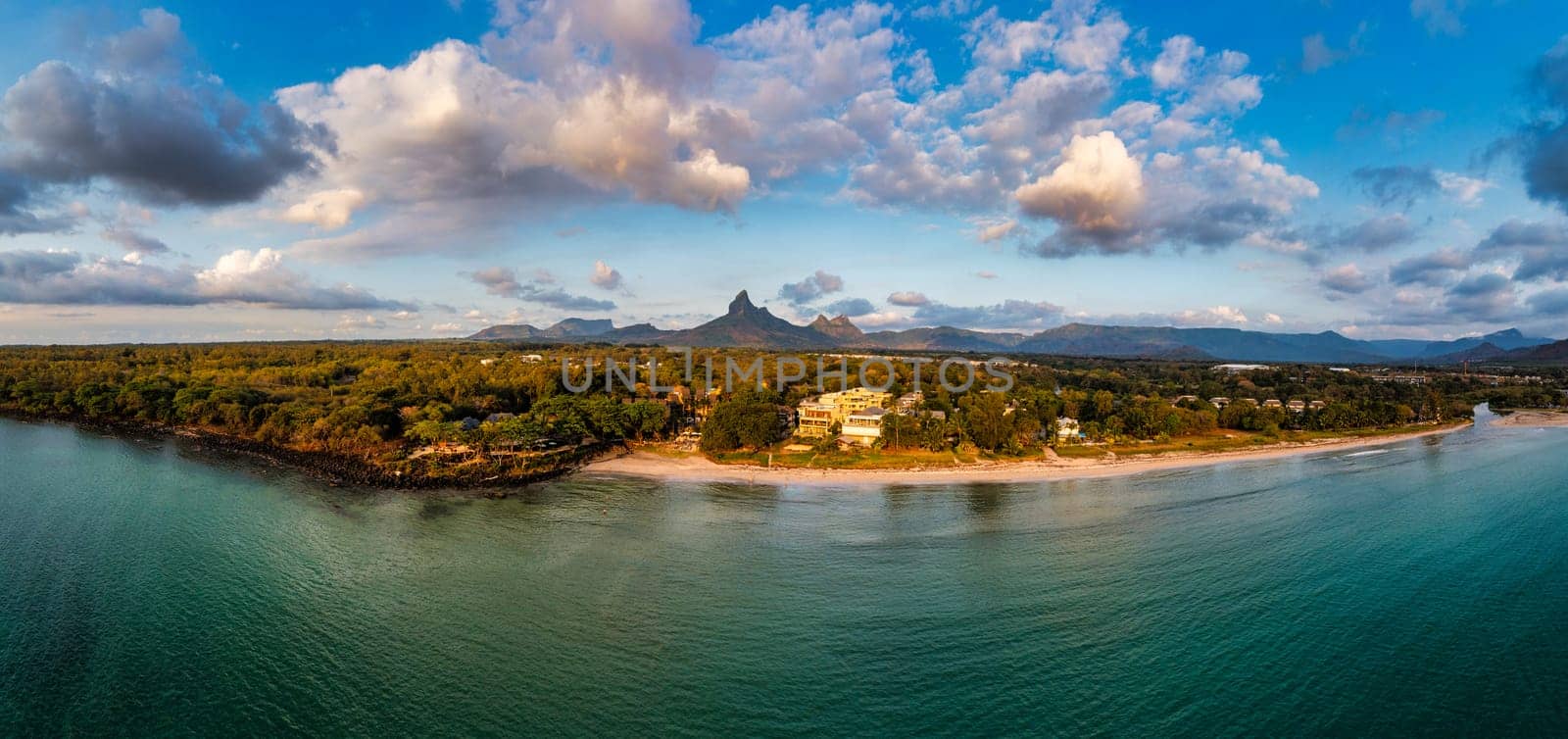 Rempart mountain view from Tamarin bay, Black river, scenic nature of Mauritius island. Beautiful nature and landscapes of Mauritius island. Rempart mountains view from Tamarin bay, Mauritius.