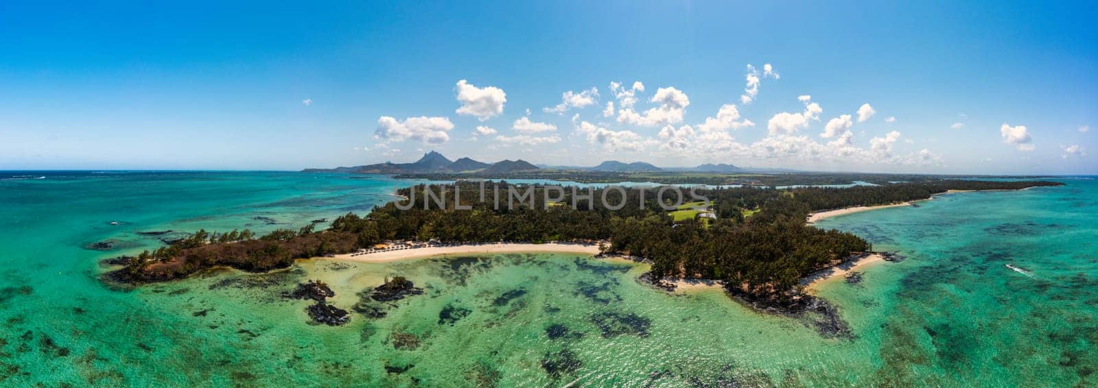 Ile aux Cerfs island with idyllic beach scene, aquamarine sea and soft sand, Ile aux Cerfs, Mauritius, Indian Ocean, Africa. Ile aux Cerf in Mauritius, beautiful water and breathtaking landscape.