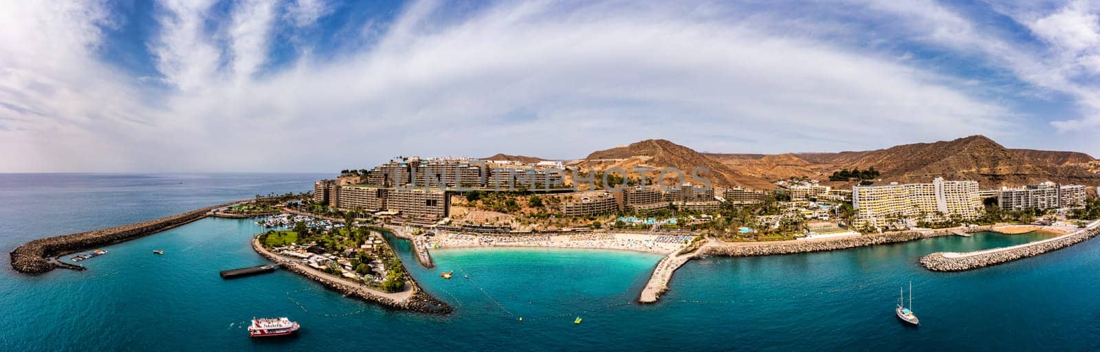Aerial view with Anfi beach and resort, Gran Canaria, Spain. Playa Anfi del Mar, beautifull beach on Gran Canaria Island, Spain. Beach Anfi del Mar on Gran Canaria, Canary Islands, Spain.