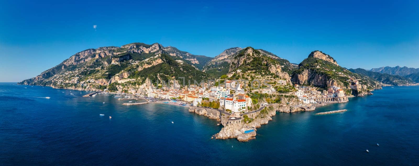 Aerial view of Atrani famous coastal village located on Amalfi Coast, Italy. Small town Atrani on Amalfi Coast in province of Salerno, Campania region, Italy. Atrani town on Amalfi coast, Italy.