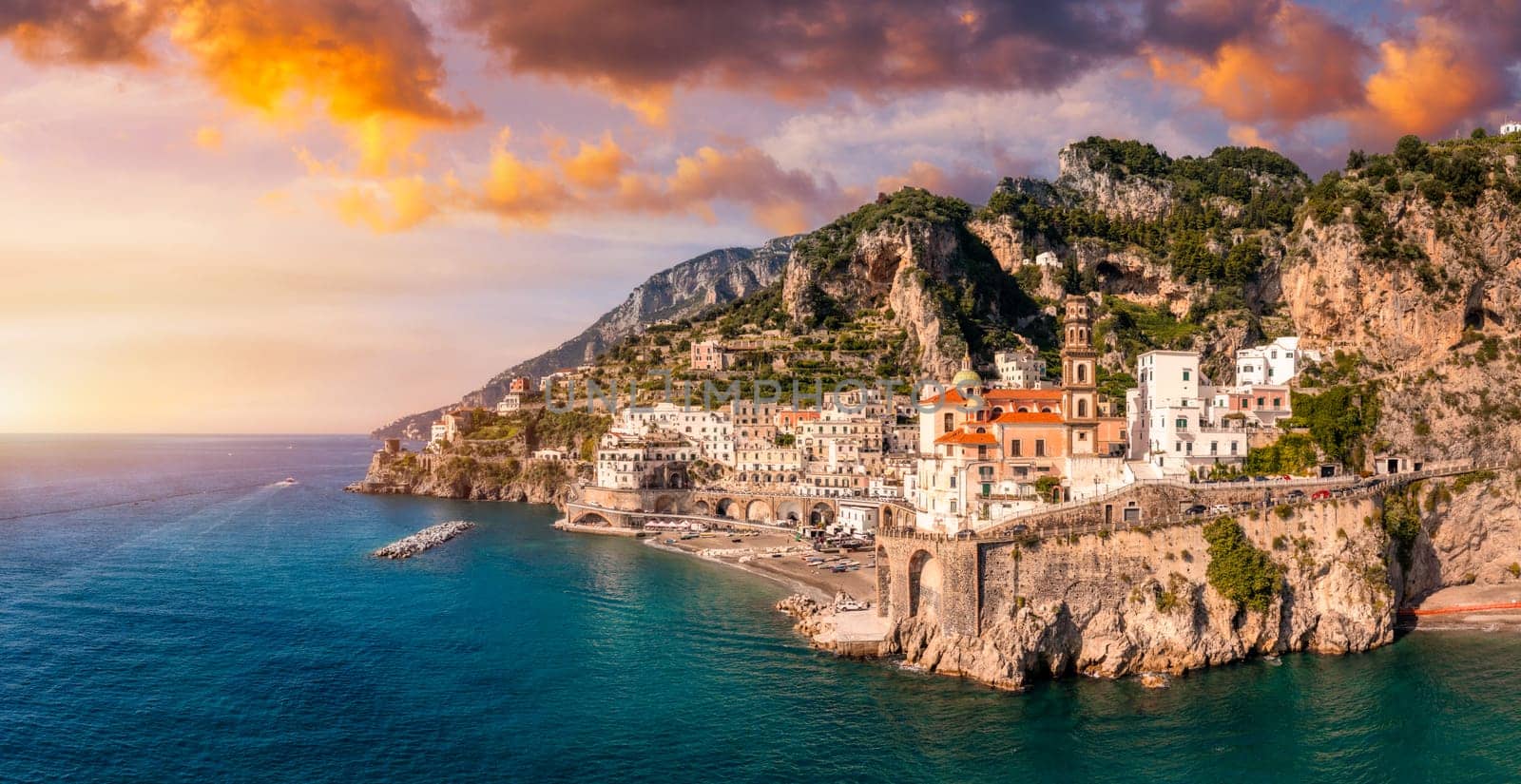 Aerial view of Atrani famous coastal village located on Amalfi Coast, Italy. Small town Atrani on Amalfi Coast in province of Salerno, Campania region, Italy. Atrani town on Amalfi coast, Italy.