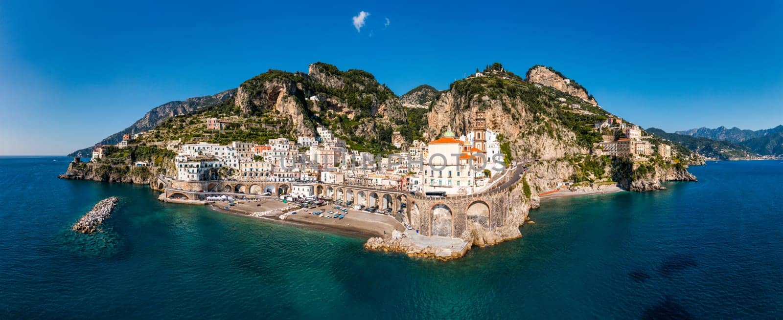 Aerial view of Atrani famous coastal village located on Amalfi Coast, Italy. Small town Atrani on Amalfi Coast in province of Salerno, Campania region, Italy. Atrani town on Amalfi coast, Italy.