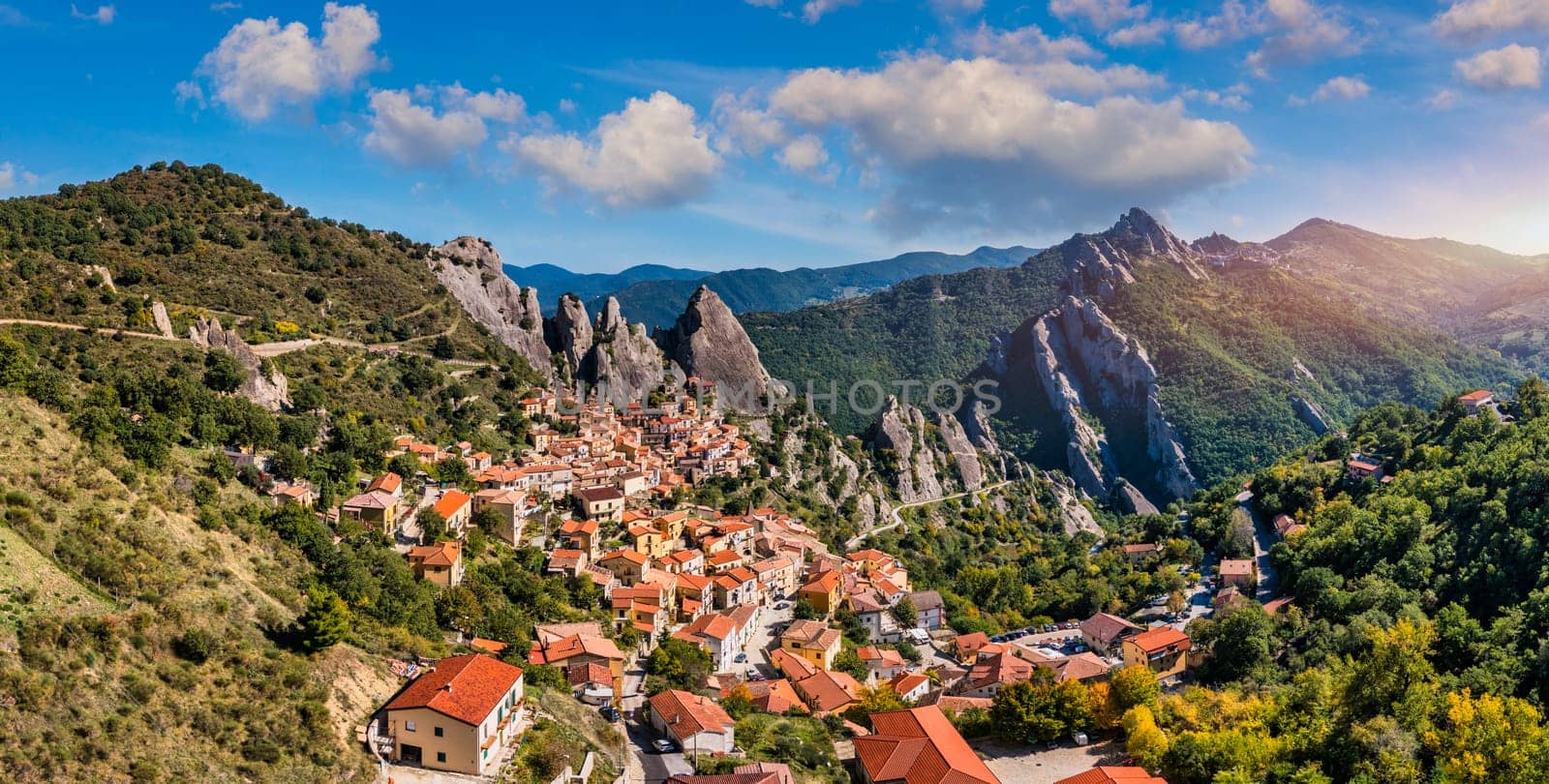 The picturesque village of Castelmezzano, province of Potenza, Basilicata, Italy. Cityscape aerial view of medieval city of Castelmazzano, Italy. Castelmezzano village in Apennines Dolomiti Lucane.