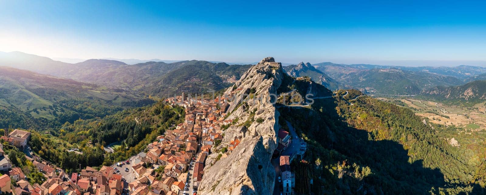 Cityscape aerial view of medieval city of Pietrapertosa, Italy. View of Pietrapertosa town in the Lucanian Dolomites in Italy. Pietrapertosa village in Apennines Dolomiti Lucane. Basilicata, Italy.