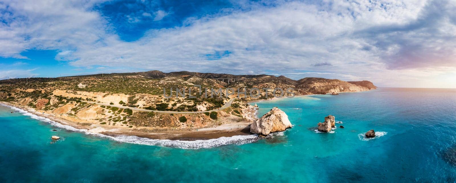 Petra tou Romiou (Aphrodite's Rock) the birthplace of Aphrodite, Paphos, Cyprus. Aerial view of Petra tou Romiou, aka Aphrodite's rock a famous tourist travel destination landmark in Paphos, Cyprus.