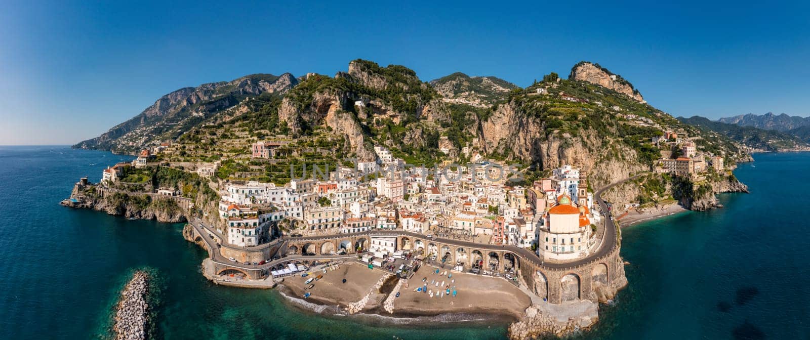 Aerial view of Atrani famous coastal village located on Amalfi Coast, Italy. Small town Atrani on Amalfi Coast in province of Salerno, Campania region, Italy. Atrani town on Amalfi coast, Italy.