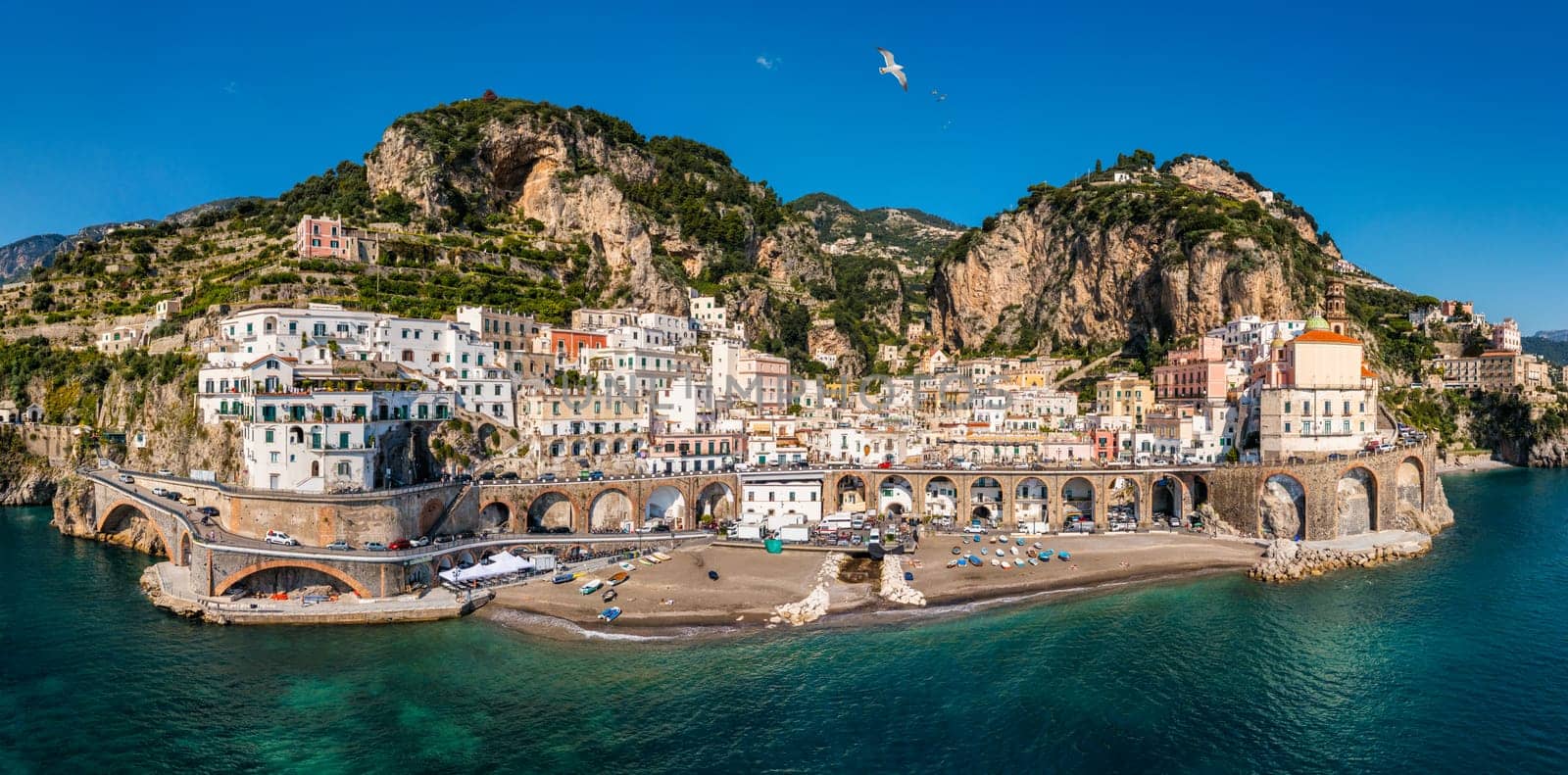 Aerial view of Atrani famous coastal village located on Amalfi Coast, Italy. Small town Atrani on Amalfi Coast in province of Salerno, Campania region, Italy. Atrani town on Amalfi coast, Italy.