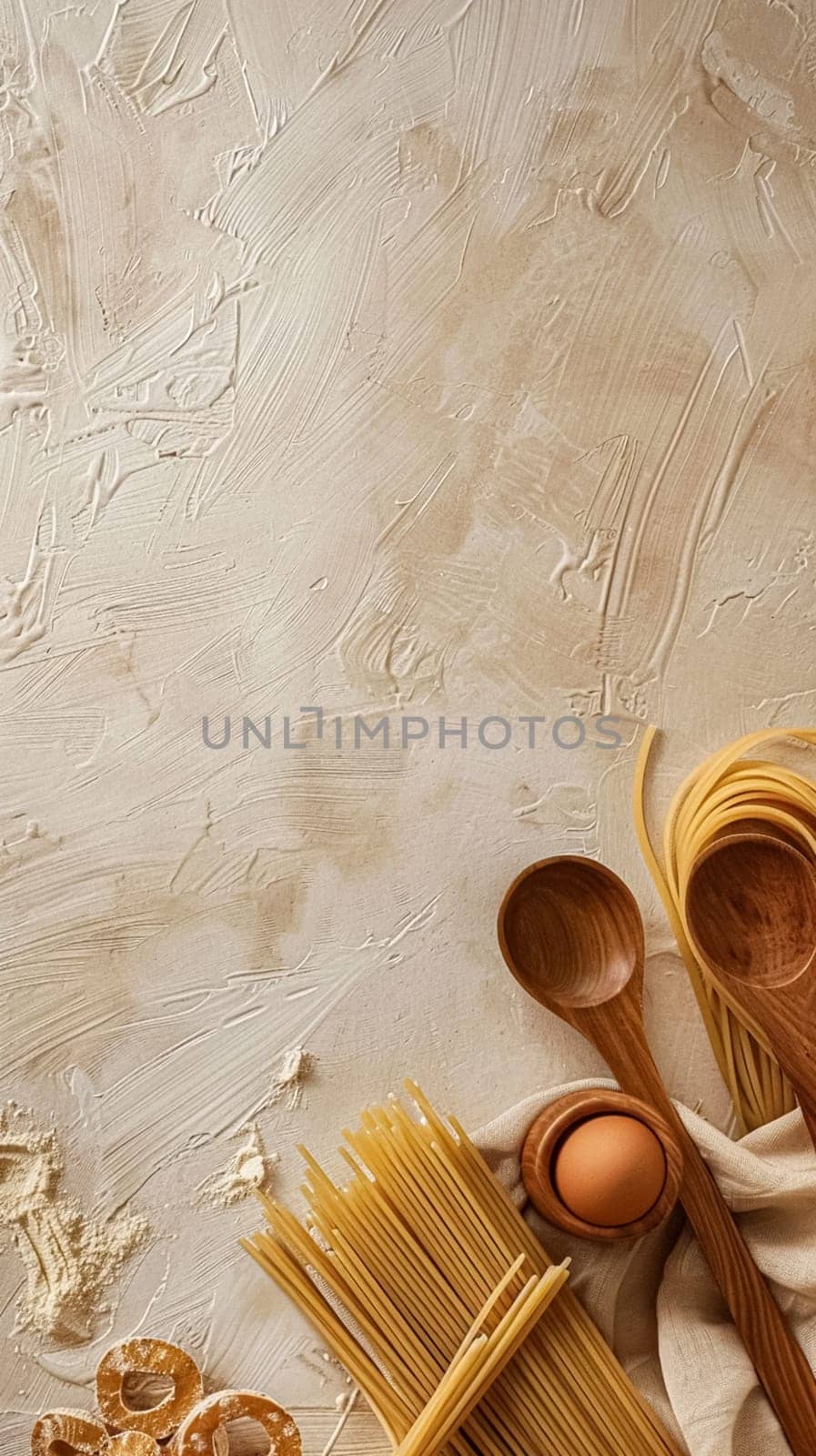 Pasta recipe preparation flatlay background with ingredients, spaghetti, olive oil, garlic, tomatoes and spices in the kitchen, homemade food recipe idea