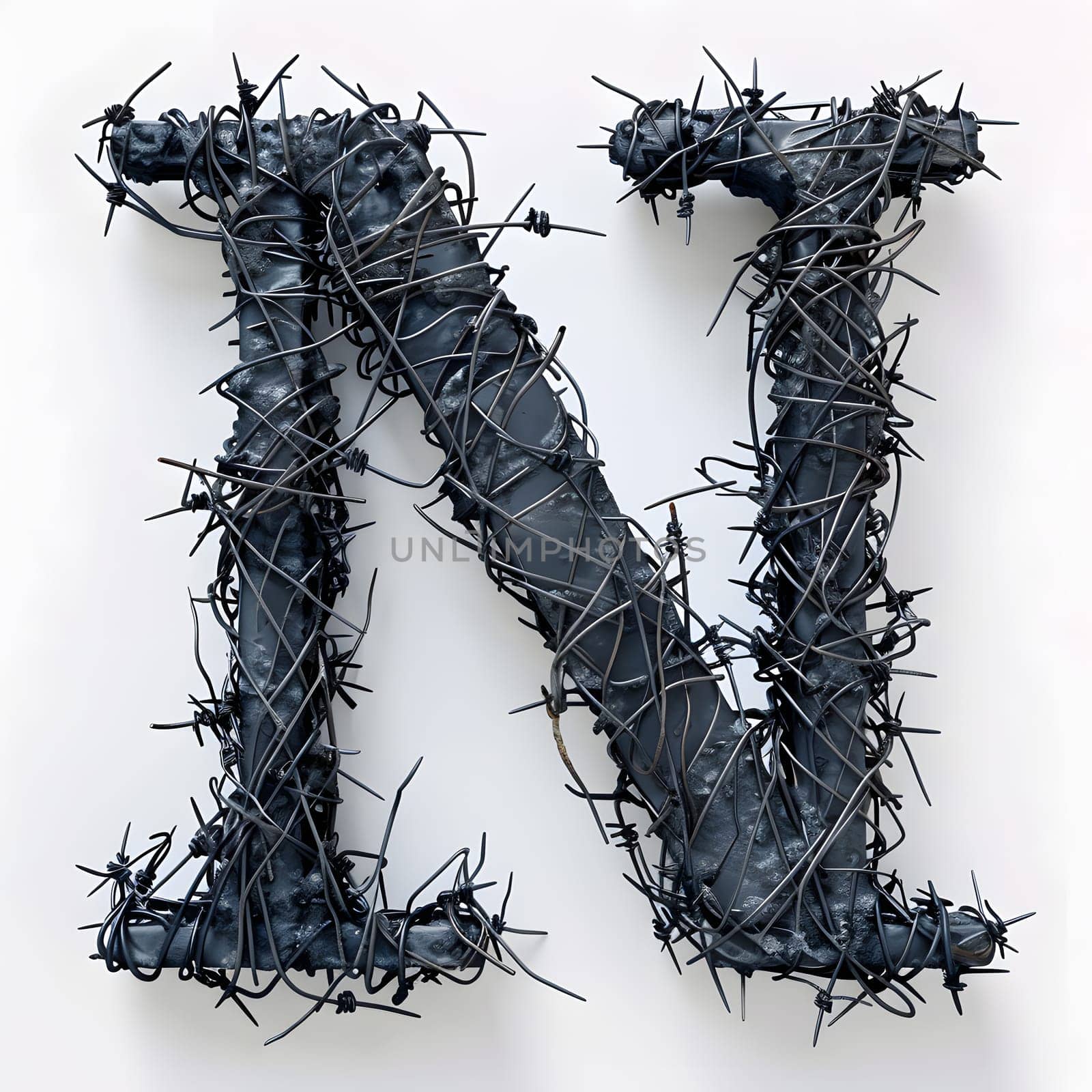The letter n resembles a twig from a terrestrial plant, with a font that mimics the pattern of barbed wire. It is like art on a white background, symbolizing strength and resilience