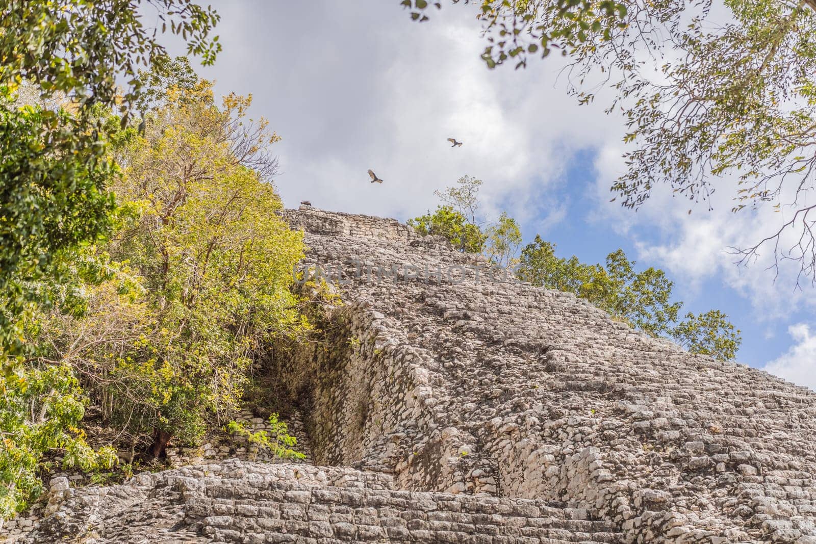 Coba, Mexico. Ancient mayan city in Mexico. Coba is an archaeological area and a famous landmark of Yucatan Peninsula. Cloudy sky over a pyramid in Mexico.