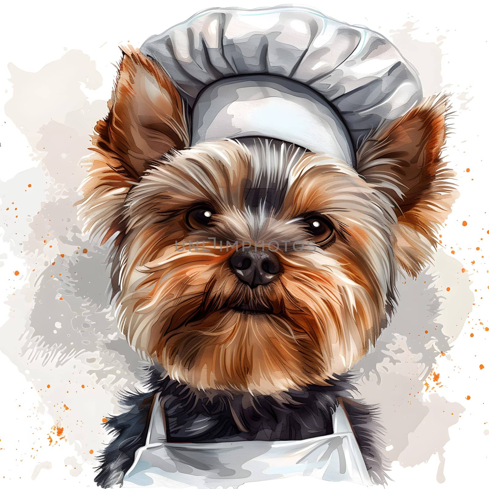 A small carnivorous Yorkshire Terrier, known as a toy dog breed, is dressed in a chefs hat and apron. This working animal has a fawn coat and a cute snout, making it a beloved companion dog