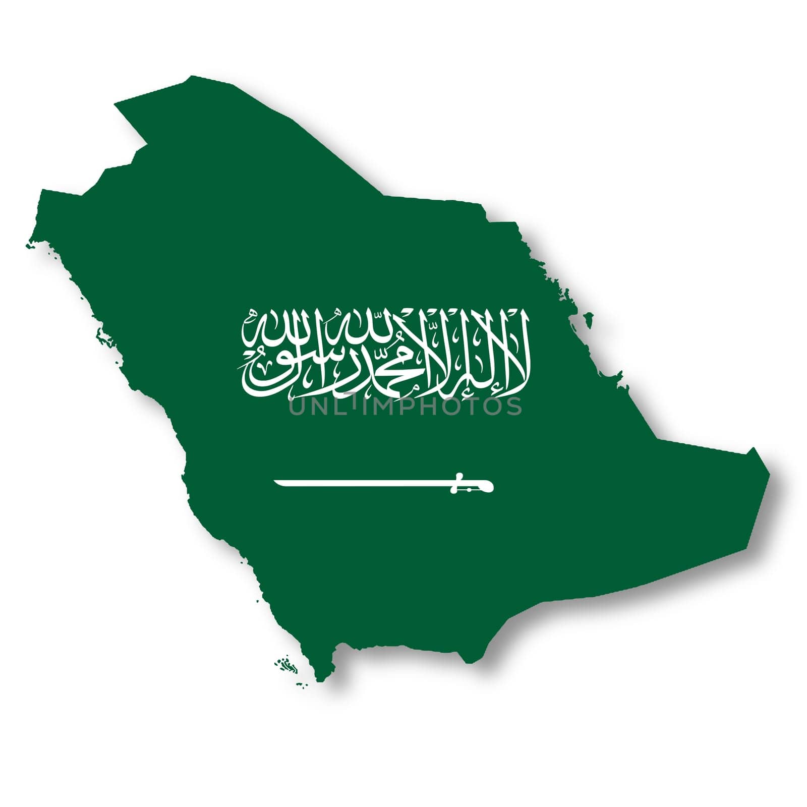 A Saudi Arabia flag map on white background with clipping path 3d illustration